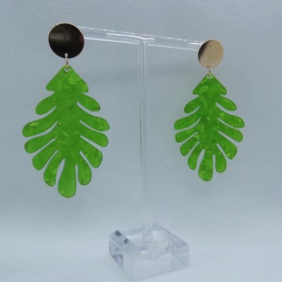Francesca's Palm Leaf Acrylic Drop Earrings Lime Green Chunky Tropical Earrings - Picture 4 of 5
